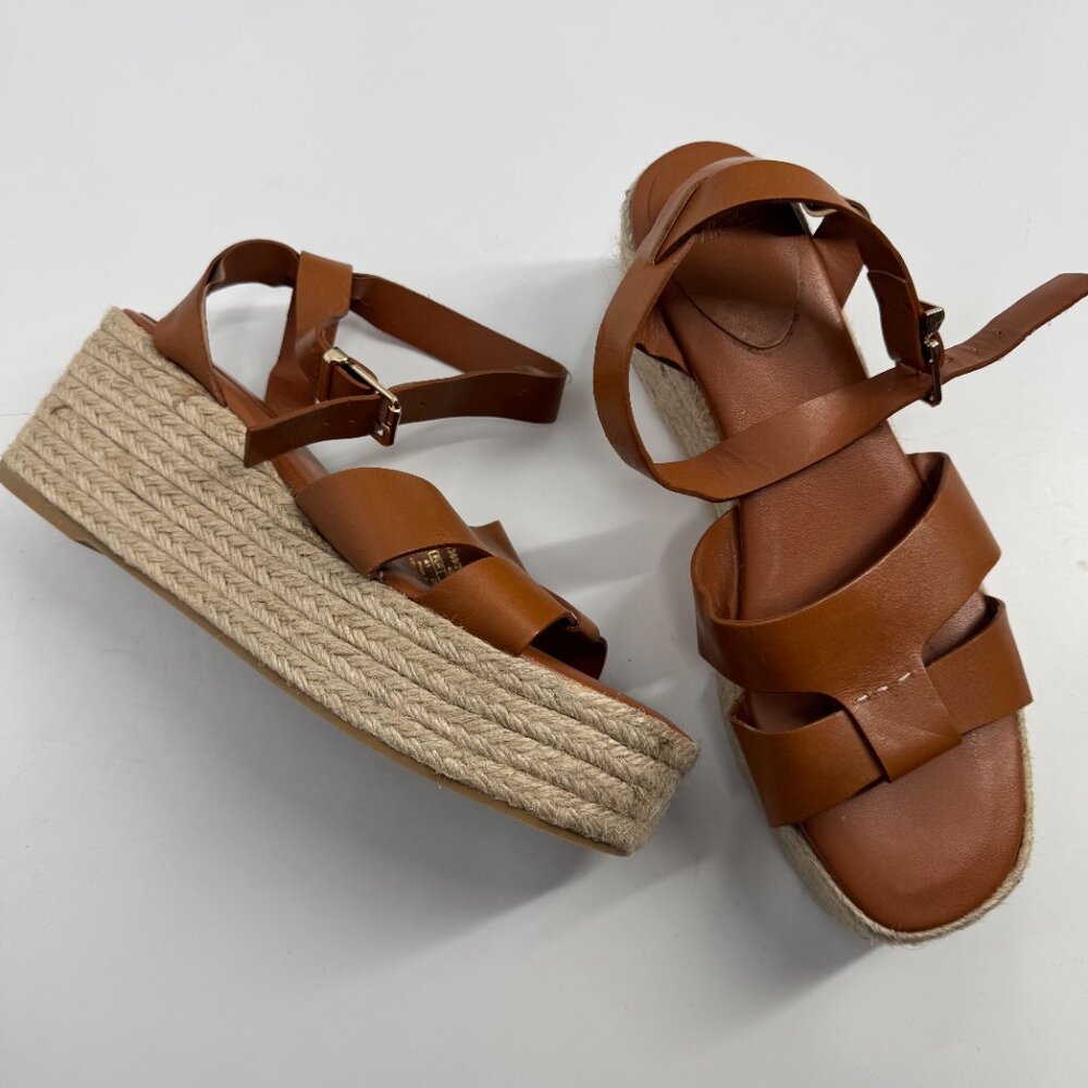 Zara Tan Leather Hessian Wedge Sandals Size 41 - Picture 5 of 11